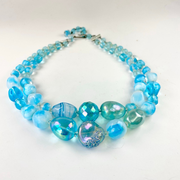 Vintage West Germany Blue Aqua Glass Opalescent Milky Beaded Two Strand Necklace - Picture 3 of 8